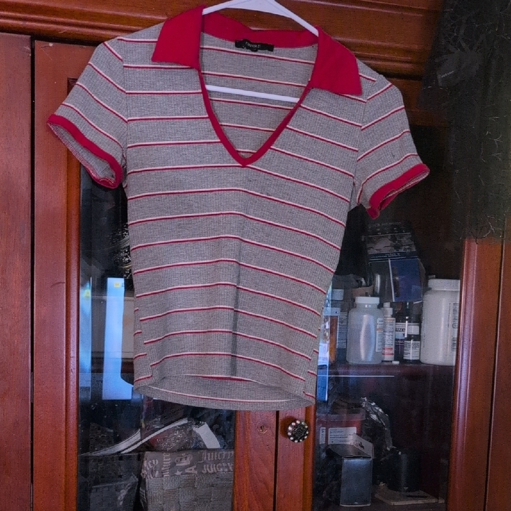 Forever 21 Red and Gray Striped Crop Top